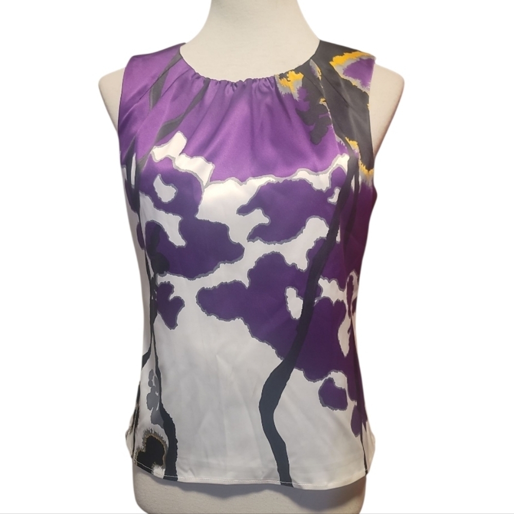 t.Tahari white purple black sleeveless satin top Blouse small 4 6
